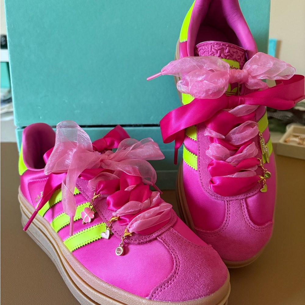 Adidas Women's Pink and Neon Green Athletic Shoes- Custom laced and charmed